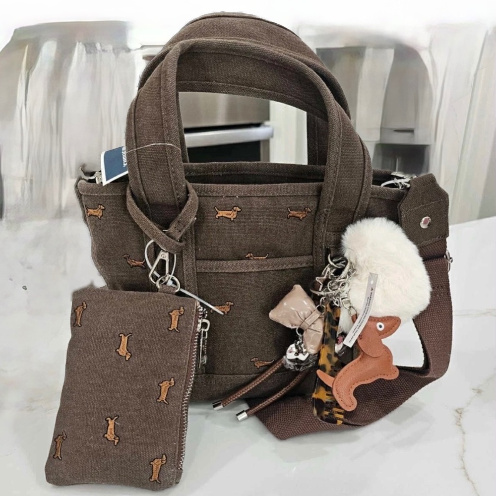 Madden Girl Dachshund Viral Tote Bag Crossbody with Charms Brown NWT